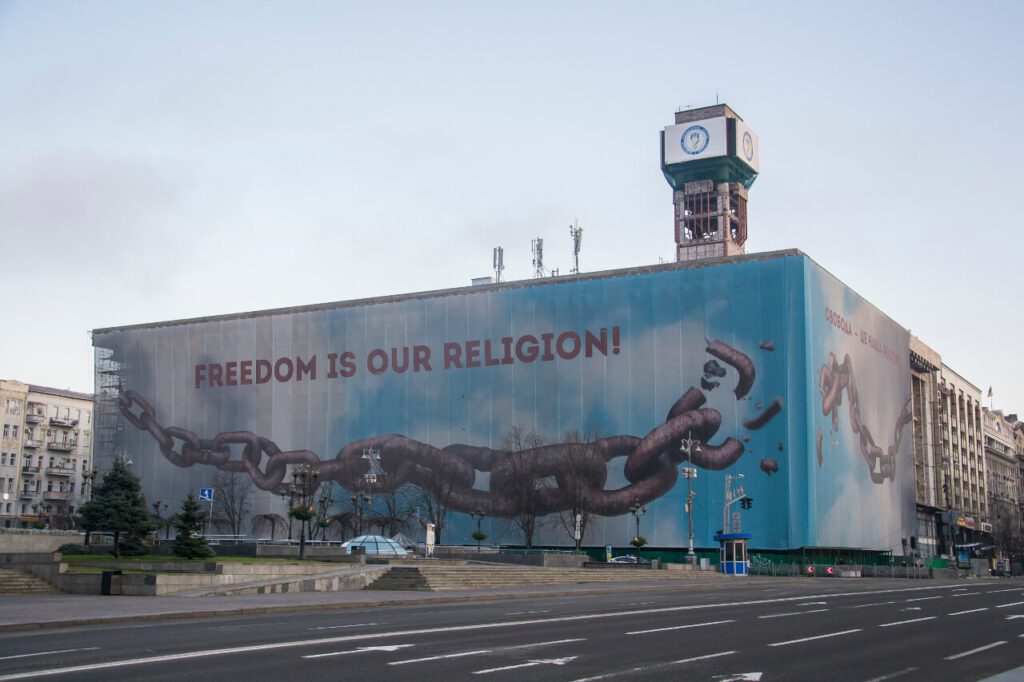 Kyiv Trade Unions Building With Banner "Freedom is our religion"